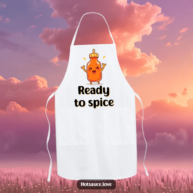 Funny apron with a smiling cayenne pepper bottle character excitedly shaking its cap, bringing humor to the kitchen.