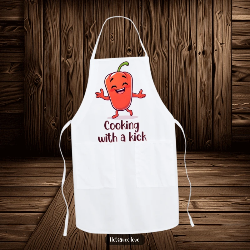 Funny apron with a grinning chili pepper character doing a silly dance, adding a humorous touch to kitchen duties.
