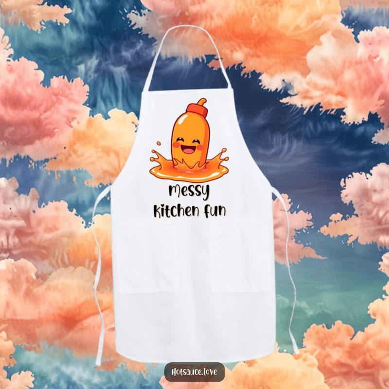 Funny chef apron with a hot sauce character with a wide grin playfully splashing in a puddle of sauce while cooking.