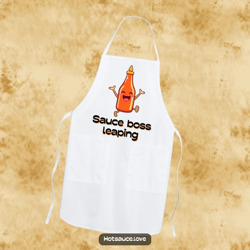 Funny apron design with a smiling hot sauce bottle character leaping energetically, perfect for adding flair to kitchen wear.