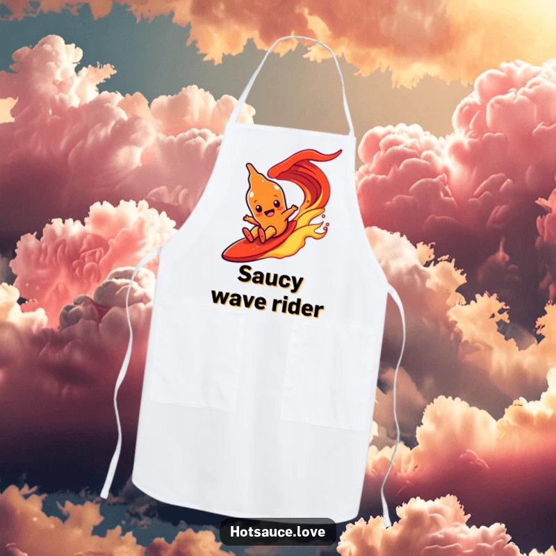 Funny chef apron with a hot sauce character with simple eyes joyfully surfing down a fiery red wave.