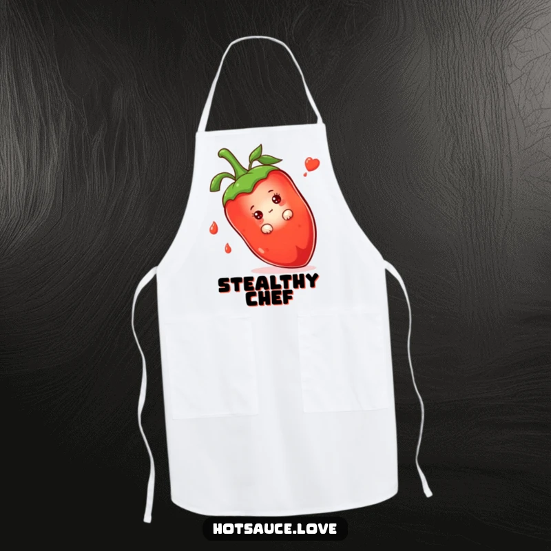 Funny chef apron with a shy hot sauce bottle character peeking from behind a large chili pepper, ready to cook.
