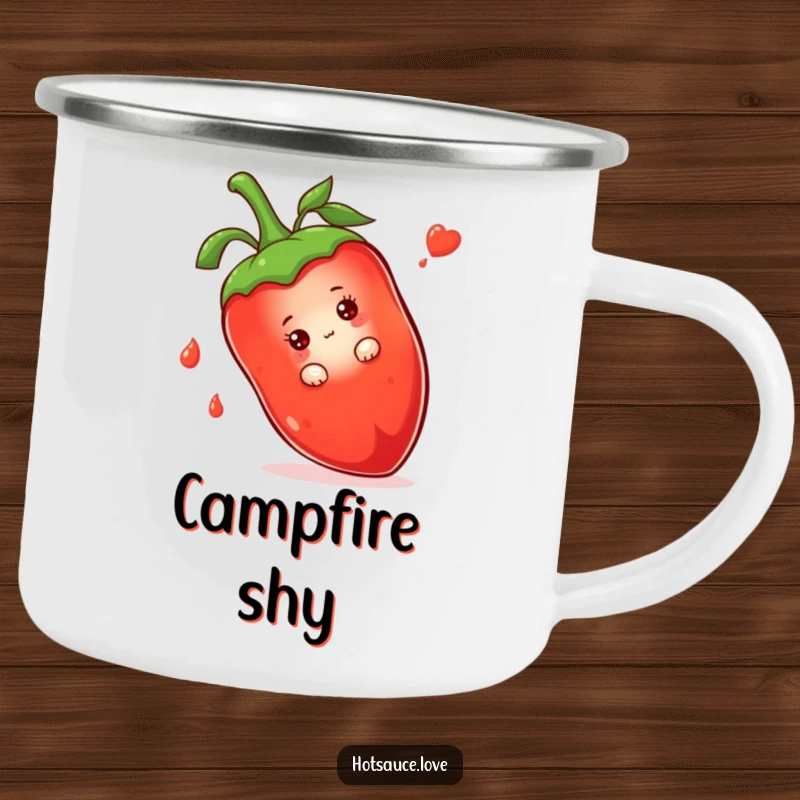 Funny camping mug featuring a shy hot sauce bottle character peeking from behind a giant chili pepper, enjoying the outdoors.