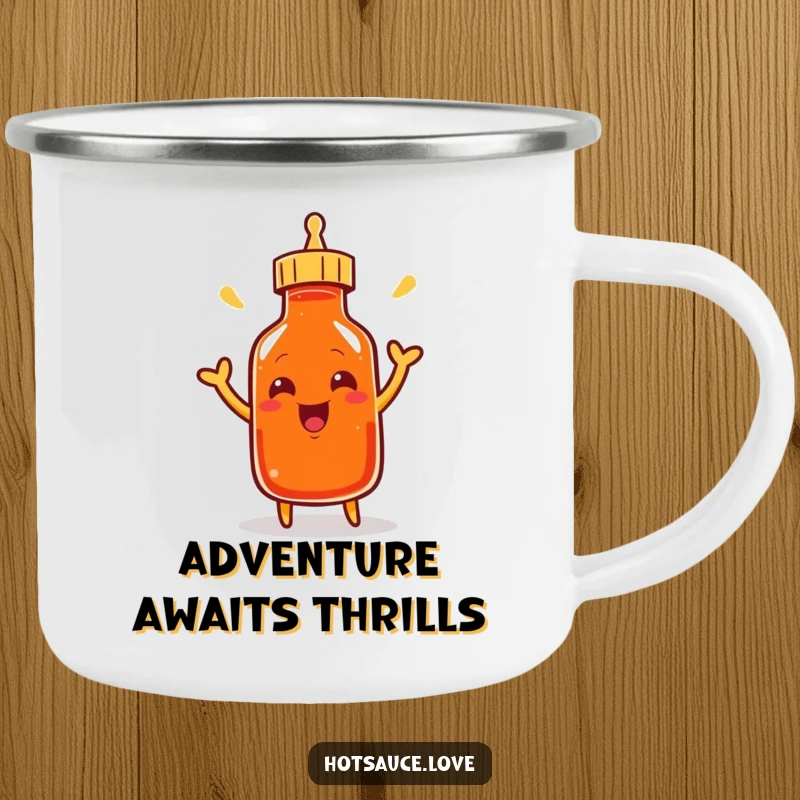Funny camping mug with a smiling cayenne pepper bottle character excitedly shaking its cap, perfect for outdoor fun.