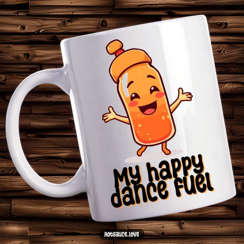 Funny mug featuring a smiling hot sauce bottle character with a cap askew, dancing exuberantly with joyful abandon.