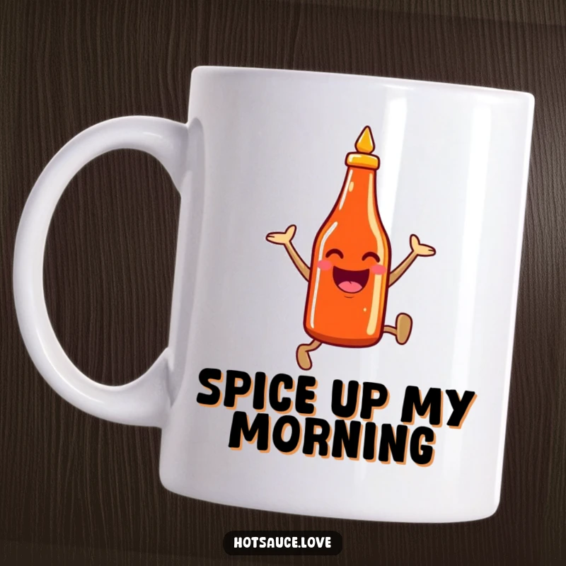 Funny mug showing a smiling hot sauce bottle character, mid-leap with enthusiasm, representing heat and playful energy.