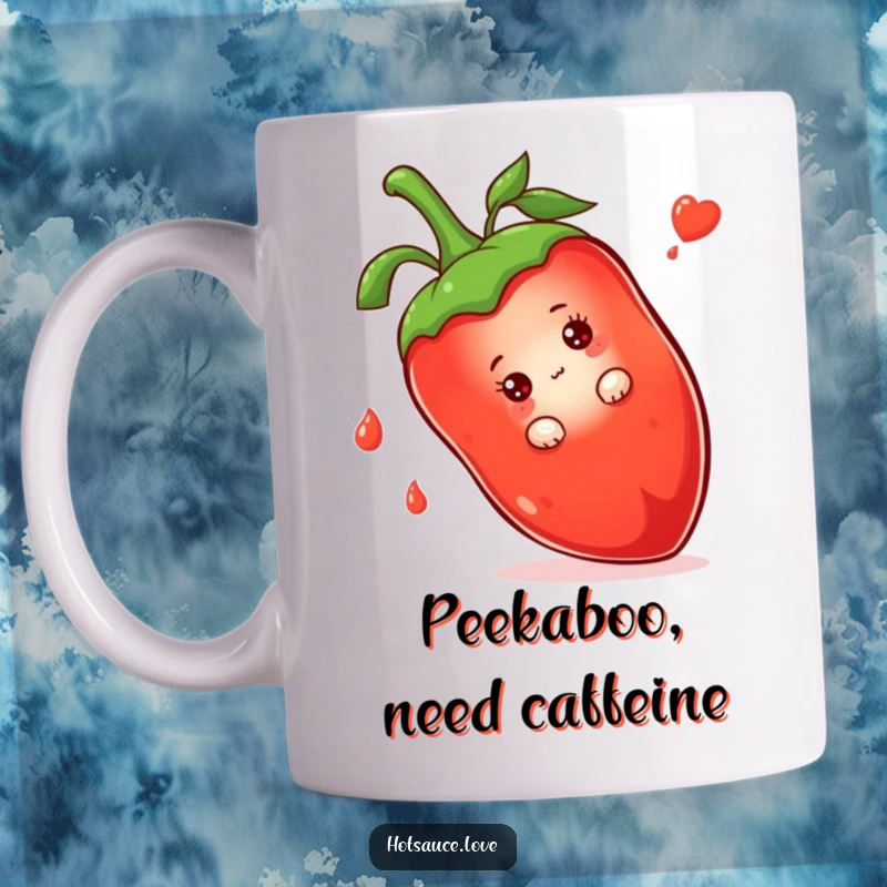 Funny mug showing a shy hot sauce bottle character peeking out from behind a large, vibrant chili pepper.