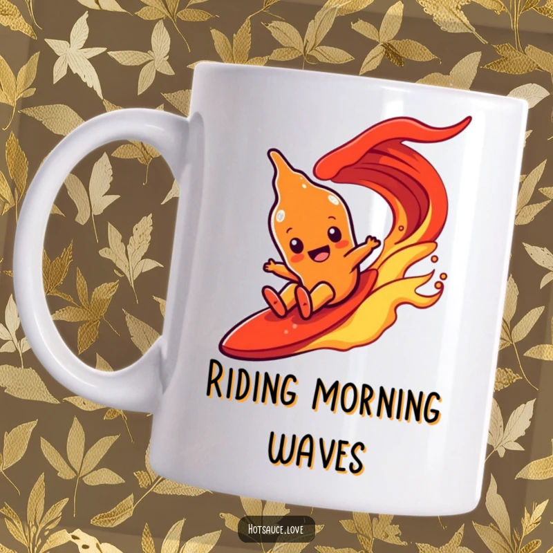 Funny mug depicting a hot sauce character with simple eyes joyfully sliding down a vibrant, fiery red wave.