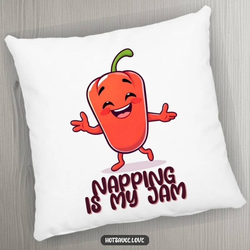 Funny pillow showcasing a grinning chili pepper character in a dynamic dance pose, offering comfort and a dose of spicy humor.