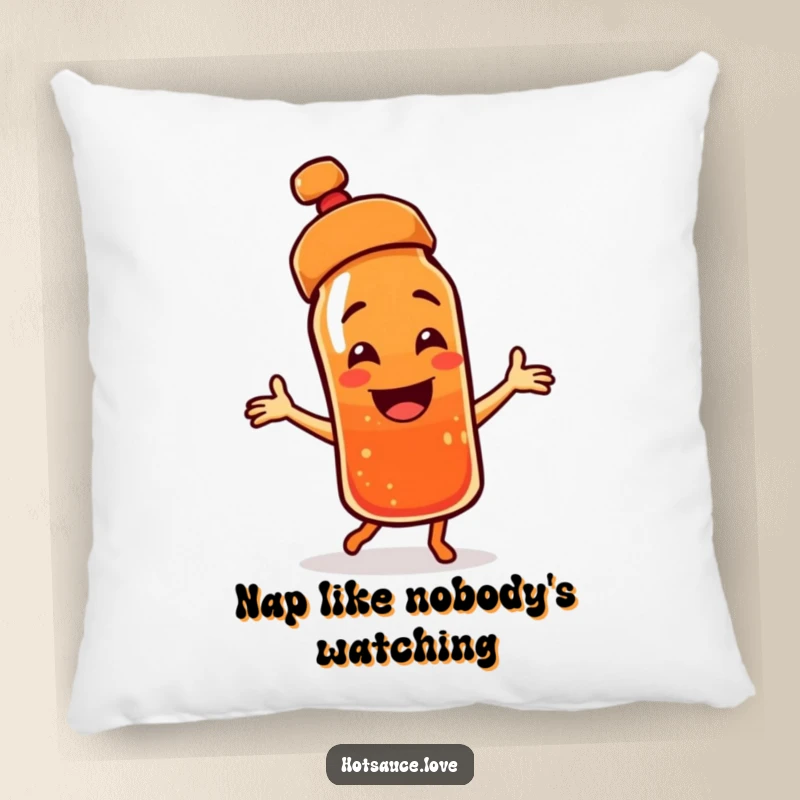 Funny decorative pillow featuring a smiling hot sauce bottle character, cap askew, dancing with infectious delight.