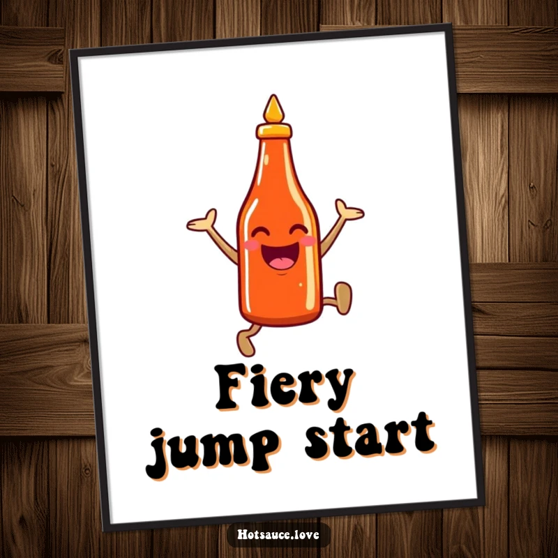 Funny digital art of a smiling hot sauce bottle character leaping with enthusiasm, ready to add fiery energy to any display.