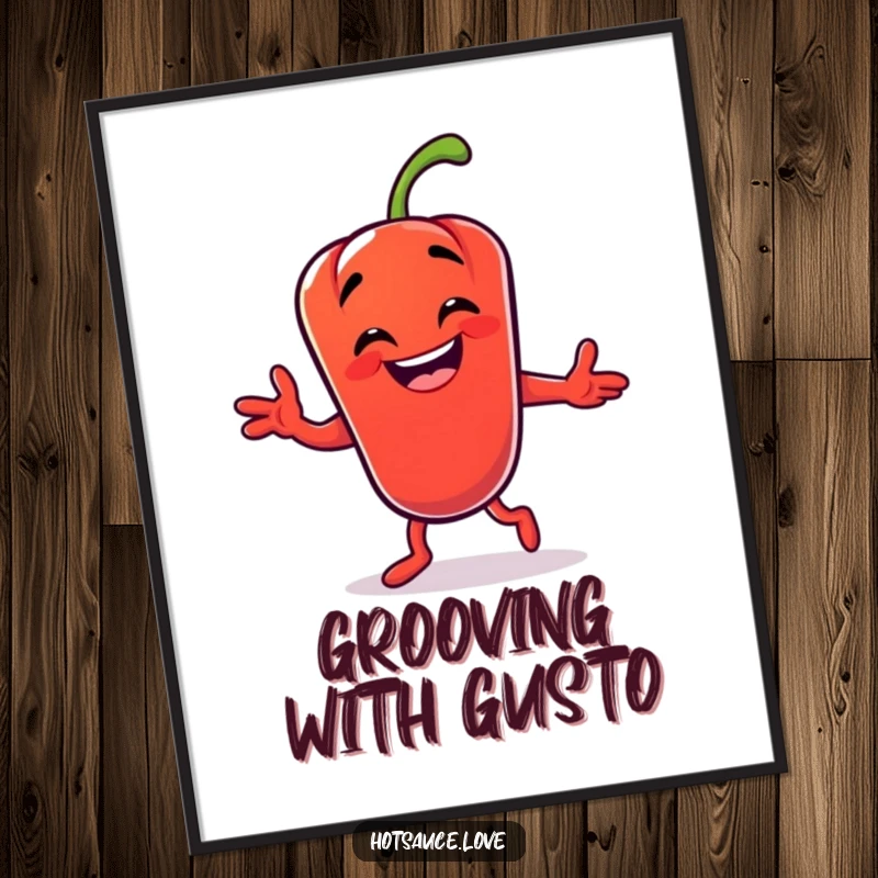 Funny digital art print of a grinning chili pepper character performing a hilarious, energetic dance move, perfect for wall decor.