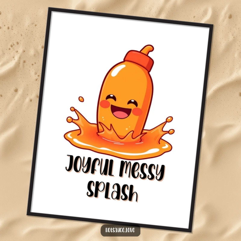 Funny digital art print of a hot sauce character with a wide grin playfully splashing in a large puddle of colorful sauce.