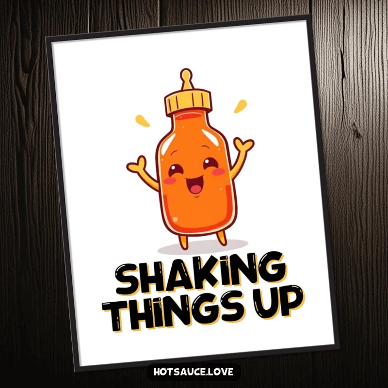 Funny digital art print of a smiling cayenne pepper bottle character excitedly shaking its cap, perfect for energetic decor.