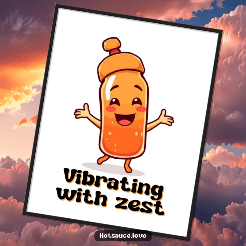 Funny digital art print of a smiling hot sauce bottle character, cap askew, captured in an exuberant, joyful dance.