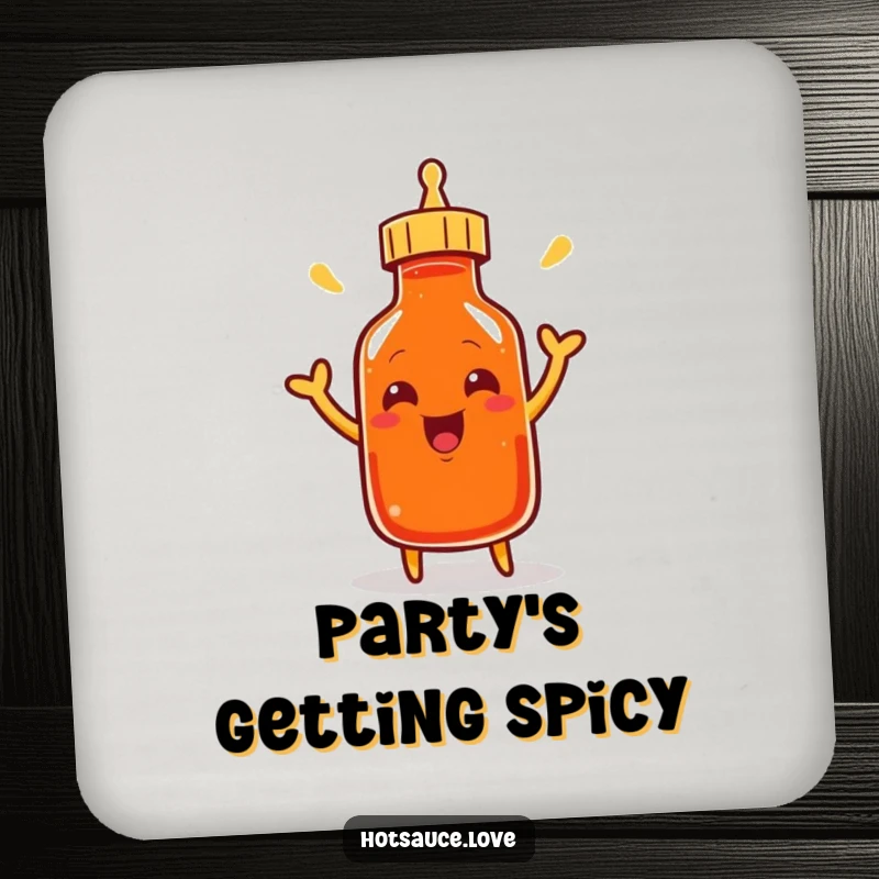 Funny drink coasters featuring a smiling cayenne pepper bottle character excitedly shaking its cap, adding spicy humor to surface protection.