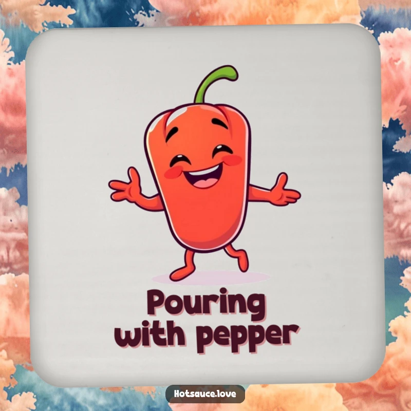 Funny drink coasters featuring a grinning chili pepper character in a silly dance pose, protecting surfaces with spicy humor.