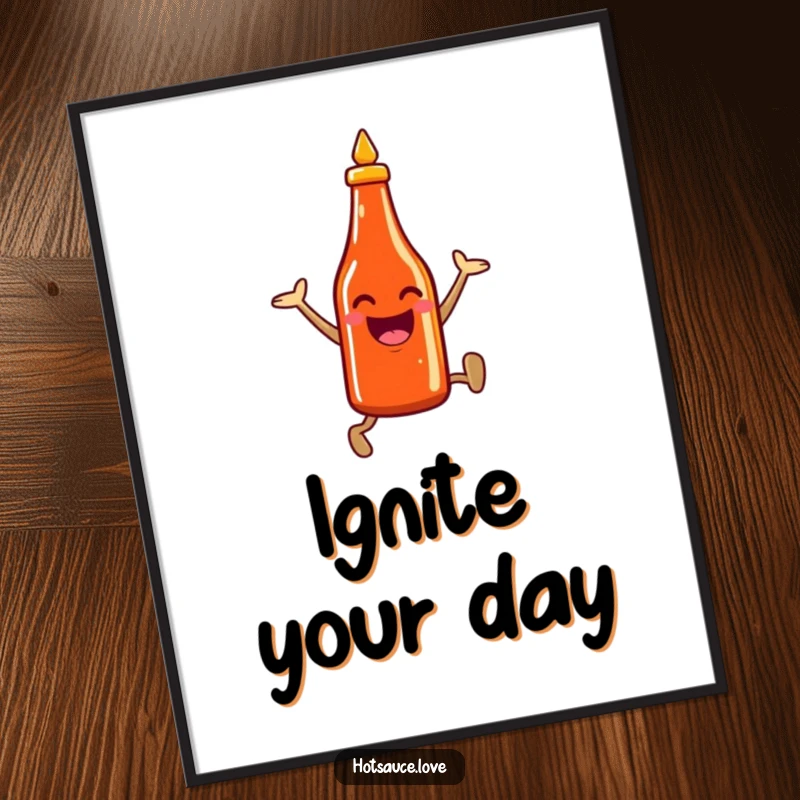 Funny poster art featuring a smiling hot sauce bottle character in a dynamic, enthusiastic leap, perfect for adding fiery energy to decor.