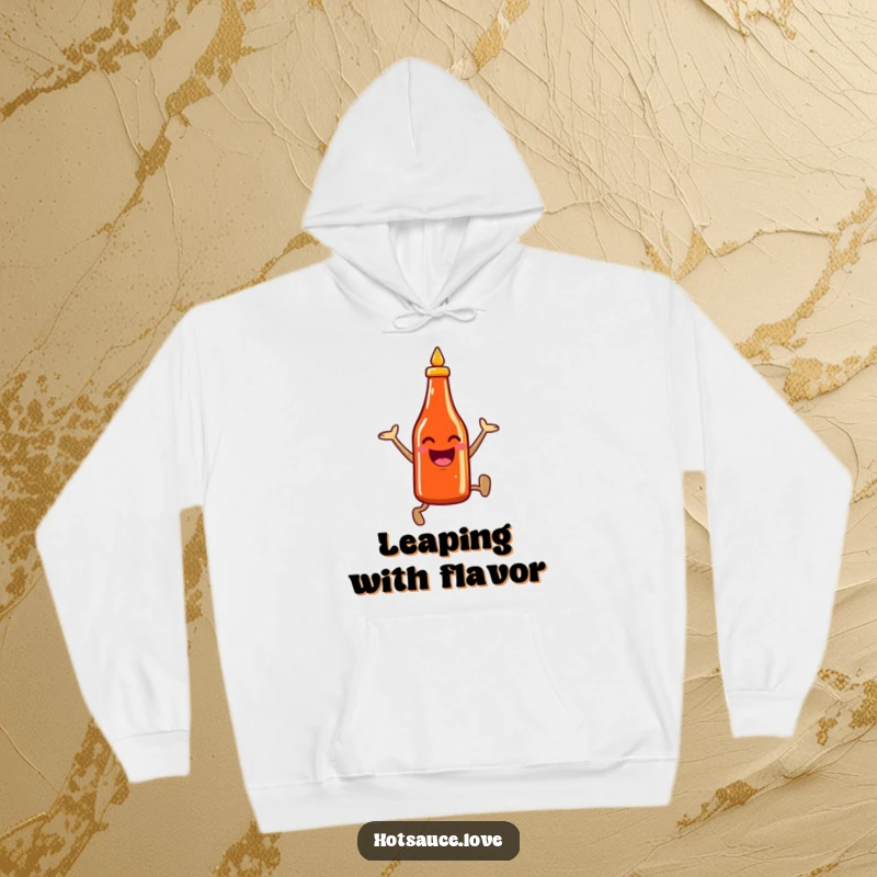 Funny hoodie design featuring a smiling hot sauce bottle character leaping with gusto, offering cozy warmth and a spicy attitude.