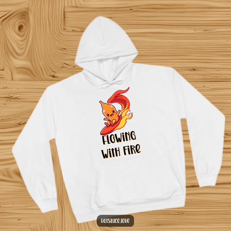Funny hoodie with a hot sauce character with simple eyes joyfully sliding down a powerful, fiery red wave.