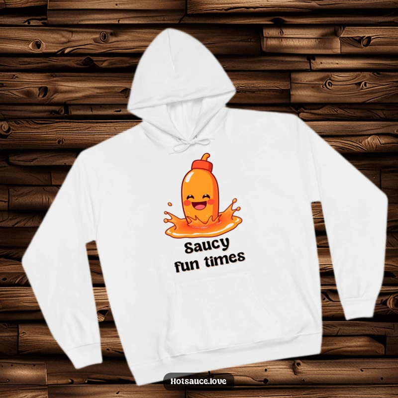 Funny hoodie with a hot sauce character with a wide grin playfully splashing in a puddle of vibrant sauce.