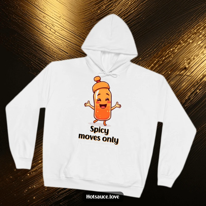 Funny hoodie depicting a smiling hot sauce bottle character, cap askew, performing an energetic and joyful dance move.
