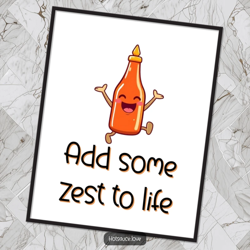 Funny Free Printable Wall Art: A smiling hot sauce bottle character caught mid-air in an enthusiastic, energetic leap.