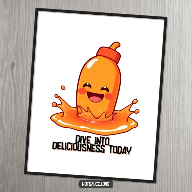 Funny Free Printable Wall Art: A hot sauce bottle character with a wide grin playfully splashes in a synthetic puddle of sauce. Joyful and messy.