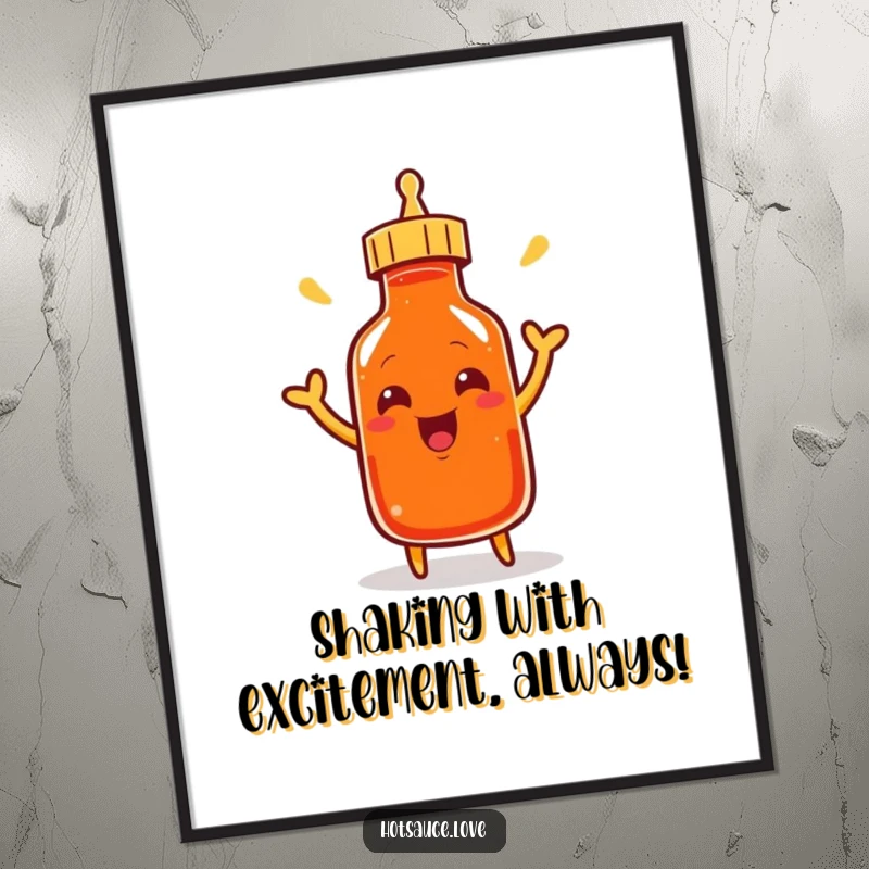 Funny Free Printable Wall Art depicting a smiling cayenne pepper bottle character energetically shaking its cap with excitement.