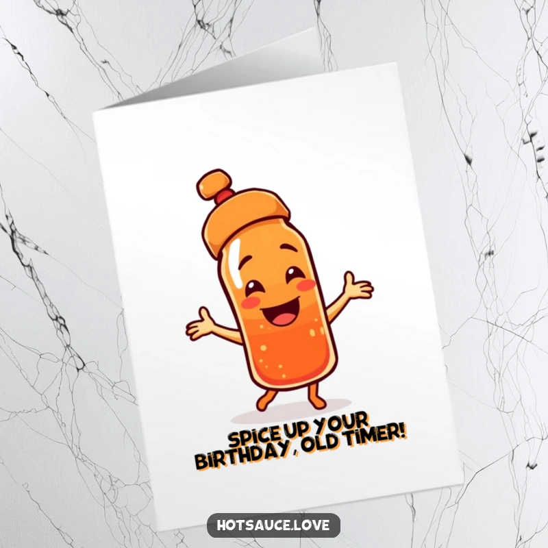 Funny Free Printable Birthday Card: A smiling hot sauce bottle with a tilted cap dances with pure joy. Perfect for a laugh.