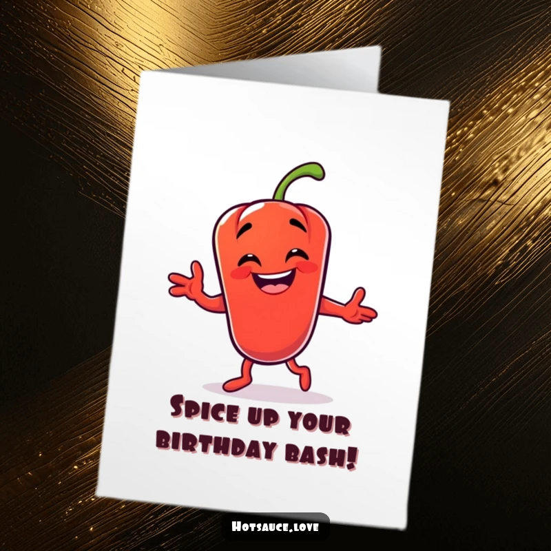 Funny Free Printable Birthday Card with a grinning chili pepper doing a silly, energetic dance move for a festive celebration.
