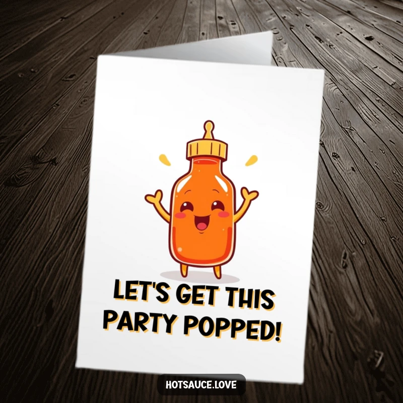 Funny Free Printable Birthday Card with a smiling cayenne pepper bottle character excitedly shaking its cap, ready to party.