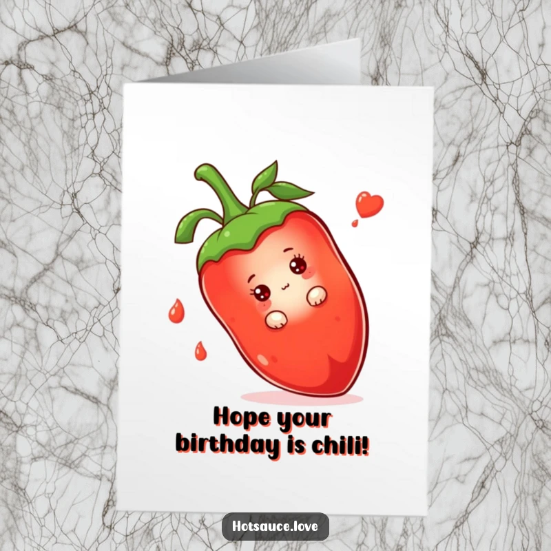 Funny Free Printable Birthday Card: A shy hot sauce bottle peeks cautiously from behind a large red chili pepper. Adorable surprise.