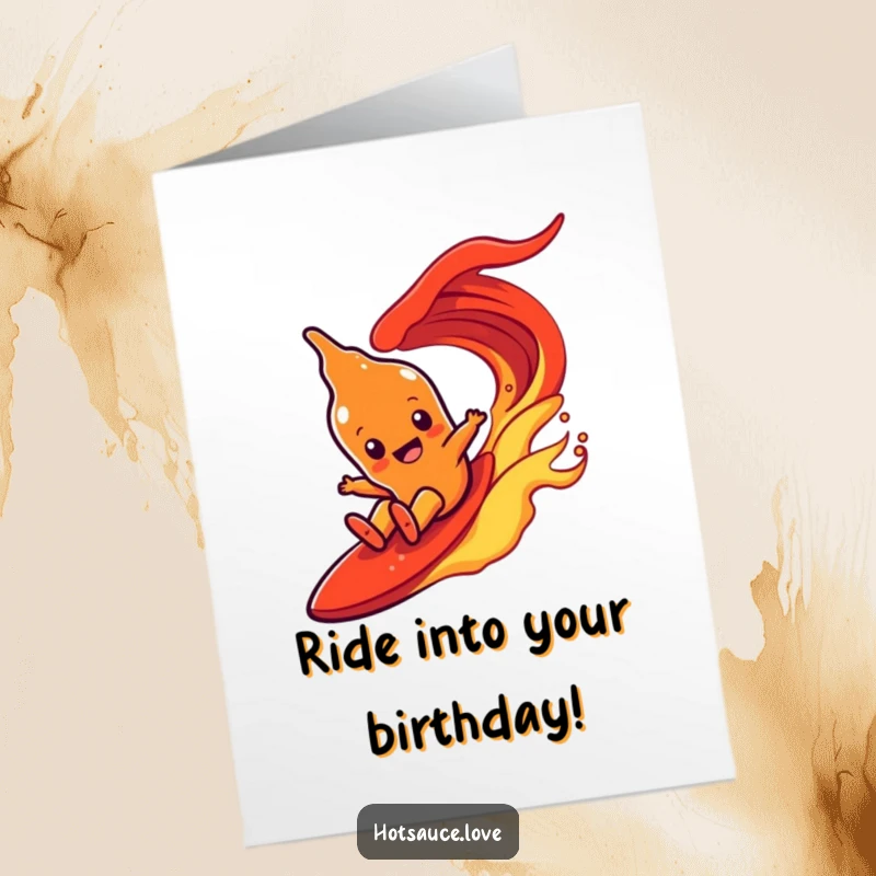 Funny Free Printable Birthday Card: A hot sauce bottle with simple eyes joyfully surfs down a vibrant red, fiery wave. Pure fun.