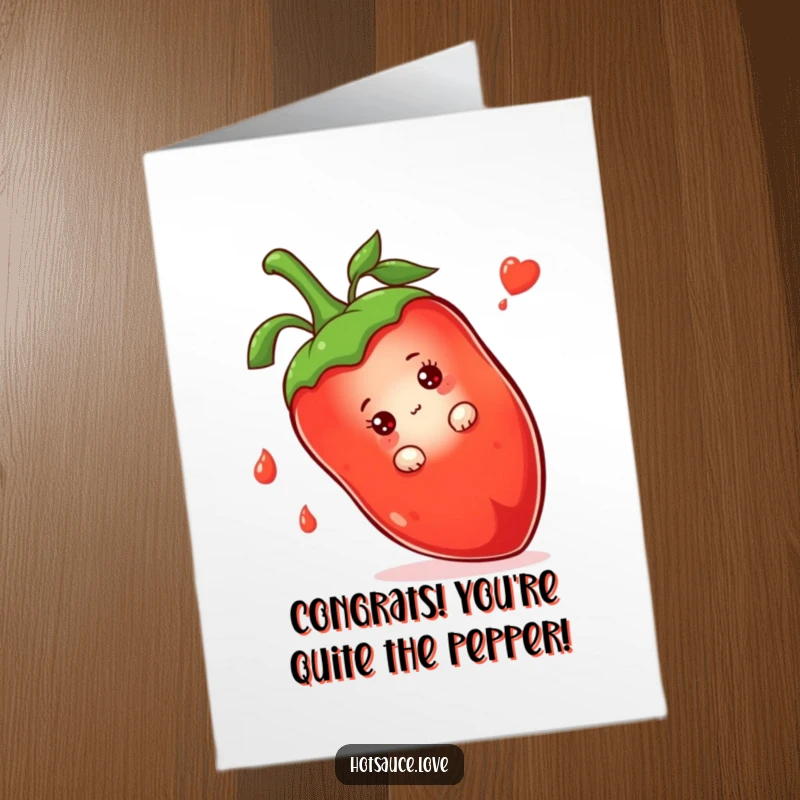Funny Free Printable Congrats Card: A timid hot sauce bottle peeks around a giant chili pepper, sharing in the celebration. Sweet.