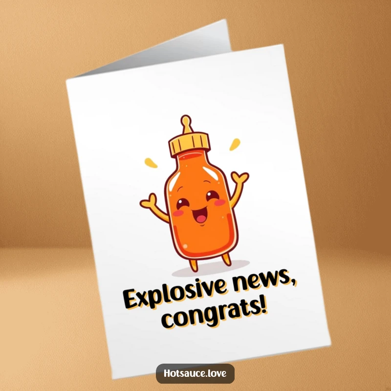 Funny Free Printable Congratulations Card featuring a smiling cayenne pepper bottle character enthusiastically shaking its cap in celebration.