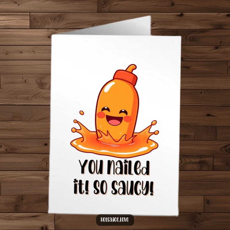 Funny Free Printable Congrats Card: A hot sauce character with a huge grin playfully splashes in a pool of sauce, celebrating joyfully. Enthusiastic.