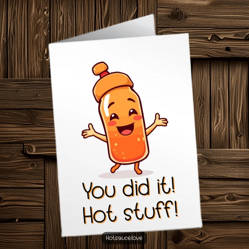 Funny Free Printable Congrats Card: A beaming hot sauce bottle with a crooked cap joyfully dances to celebrate an achievement. Hilarious.