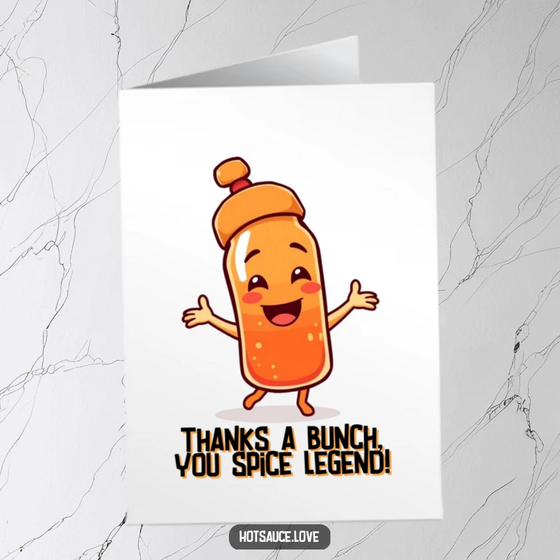 Funny Free Printable Thank You Card: A jubilant hot sauce bottle with a jaunty cap performs a lively dance. Simply cheerful.