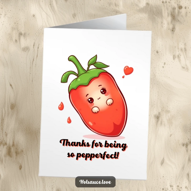 Funny Free Printable Thank You Card: A bashful hot sauce bottle peeks from behind a massive chili pepper, conveying thanks. Endearing.