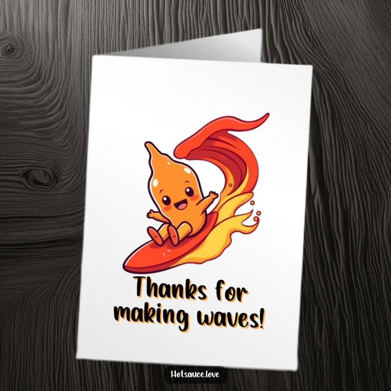 Funny Free Printable Thank You Card: A hot sauce character gleefully surfs down a bright red, energetic wave. Expressing joy.