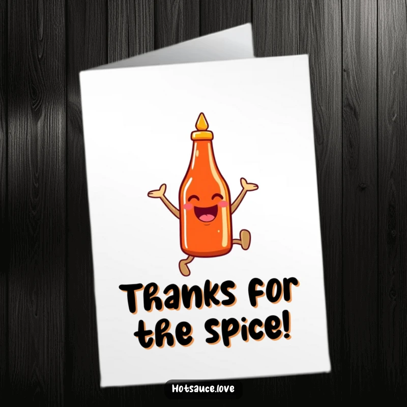 Funny Free Printable Thank You Card: A smiling hot sauce bottle character enthusiastically leaping with joy and spice.