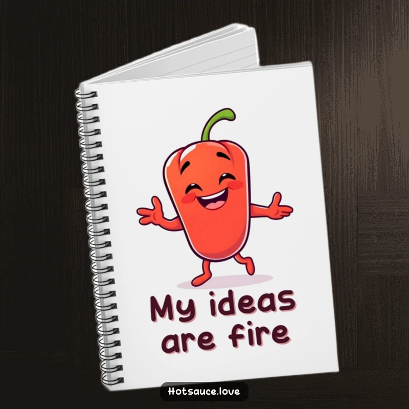 Funny notebook with a grinning chili pepper character in a vibrant dance move, ideal for capturing notes with spicy humor.