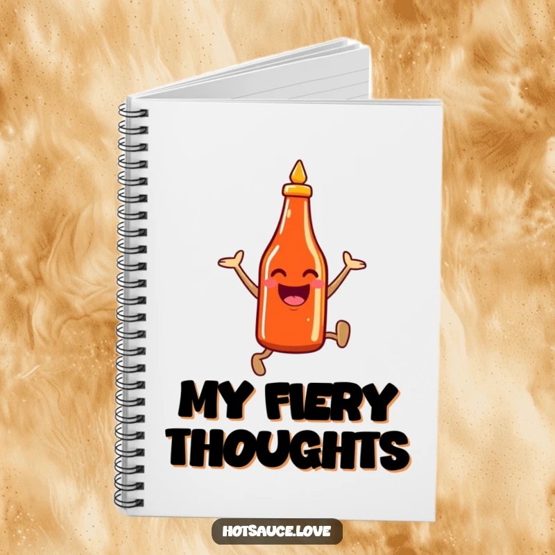 Funny notebook cover with a smiling hot sauce bottle character leaping enthusiastically, ideal for journaling and creative writing.