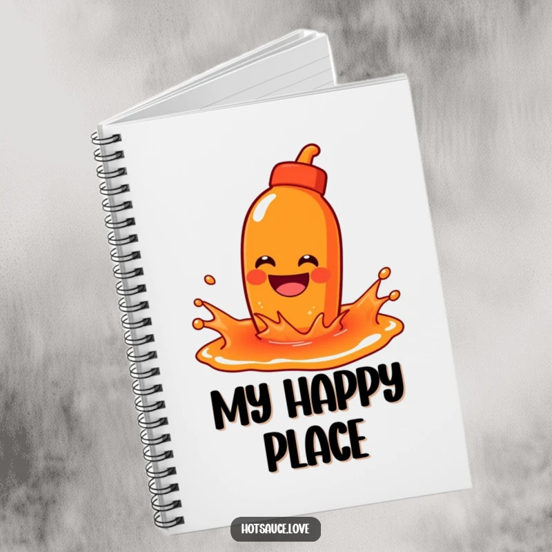 Funny notebook with a hot sauce character with a wide grin playfully splashing in a puddle of sauce on the cover.