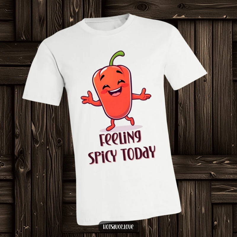 Funny t-shirt with a grinning chili pepper character captured mid-silly dance move, showcasing its energetic and humorous personality.