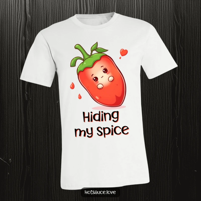 Funny t-shirt featuring a shy hot sauce bottle character peeking from behind a large chili pepper, looking a bit coy.