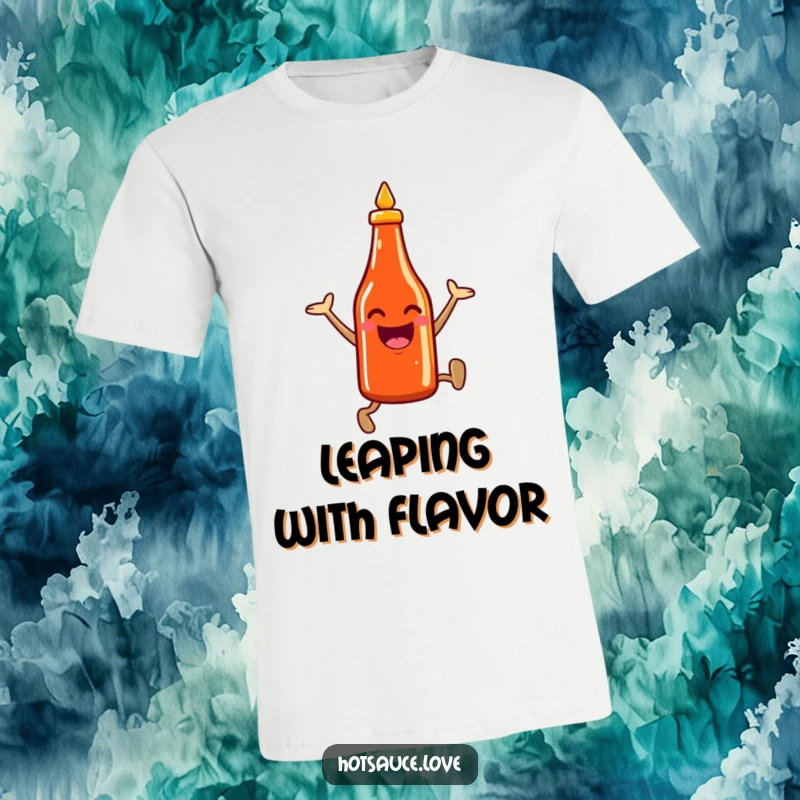 Funny t-shirt illustration of a smiling hot sauce bottle character leaping energetically, conveying a love for all things spicy and fun.
