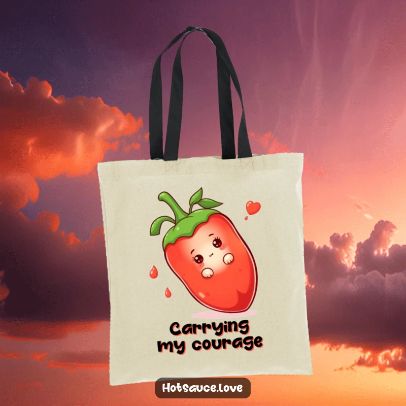 Funny tote bag showcasing a shy hot sauce bottle character peeking from behind a large chili pepper, perfect for books or groceries.