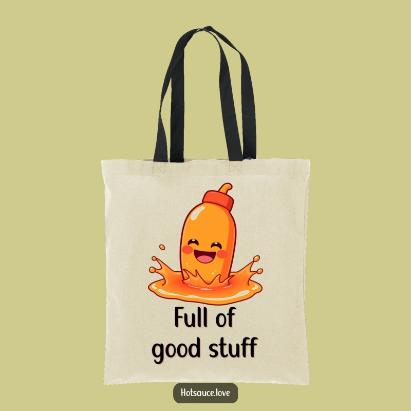 Funny Splashing Hot Sauce Tote Bag: Grinning Character, Carry-All Funny Gift